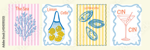 Hand draw la dolce vita vintage posters with lemon bag, wine, shell. Italian limon cello style vacation vector illustrations in ink line doodle .Chalk charcoal style drawing for poster, cafe.