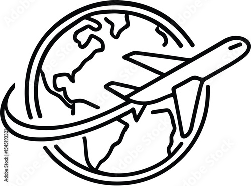 Globe with airplane icon vector black silhouette print design