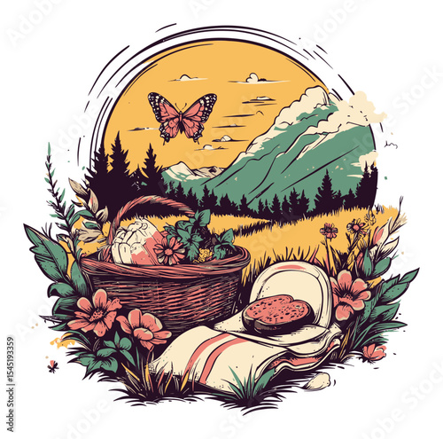 Scenic Mountain Picnic with Butterfly and Floral Elements in Bright Colors