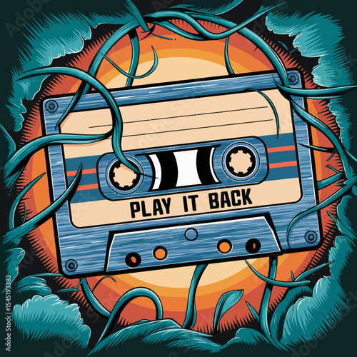 Vintage Cassette Tape Retro Music Design Graphic Illustration Play It Back 80s Nostalgia Style Artwork Blue Orange Color Palette Vector Background Image Artistic Digital Print Aesthetic Artwork Cool  