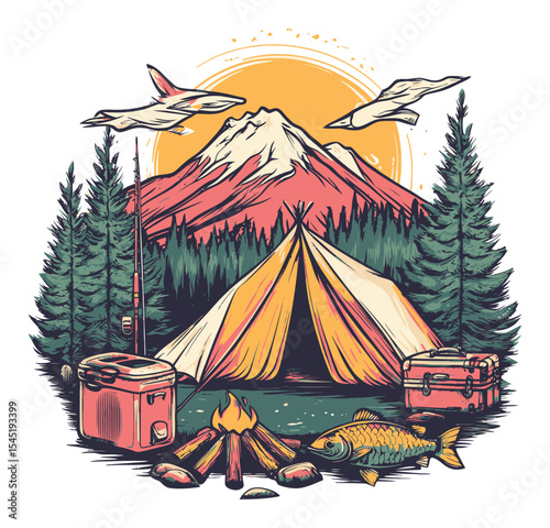 Vibrant Camping Scene with Tent, Mountains, and Scenic Nature Elements