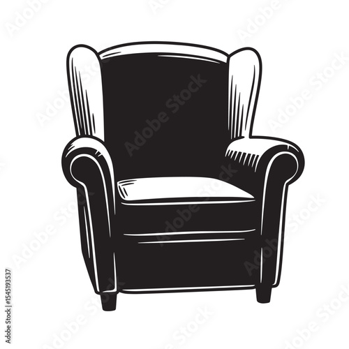 Classic vintage armchair silhouette black and white illustration on white background