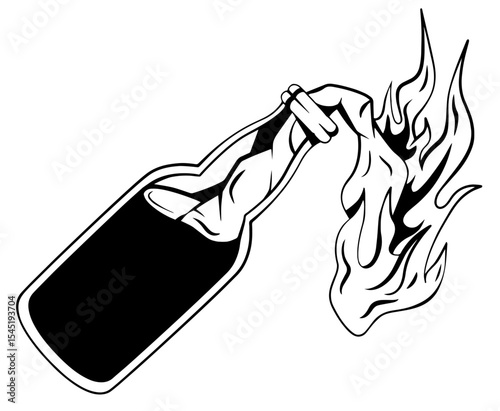 Molotov Cocktail with Burning Cloth – Silhouette of Improvised Incendiary Device Used in Protests, Riots, Revolution or Armed Conflict – Resistance, Urban Warfare and Civil Unrest