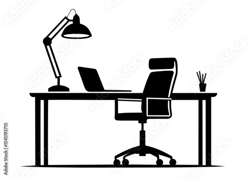 Silhouette of Modern Office Workspace with Laptop, Desk Lamp, Chair and Plant – Comfortable Workstation for Productivity, Remote Work, Freelance or Corporate Office Design