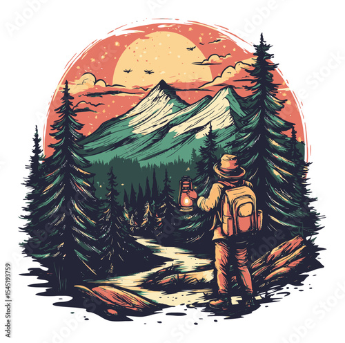 Adventurer with Lantern Among Pine Trees and Mountains at Sunset
