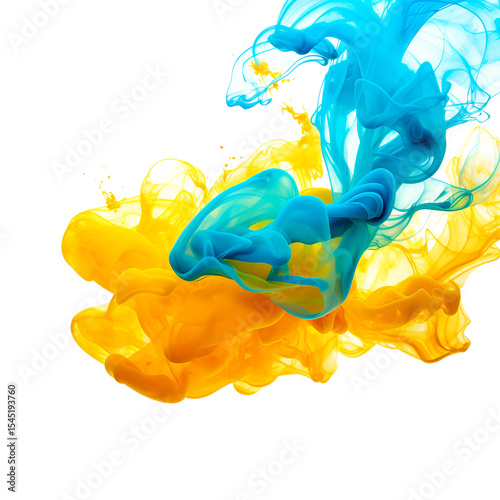 Vibrant Blue and Yellow Ink Swirls on a Transparent Background