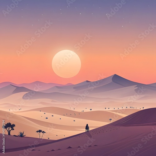 Sunset over desert dunes with lone figure