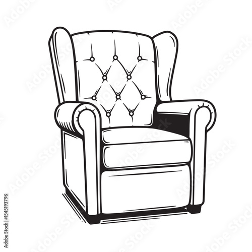 Classic wingback chair vintage art silhouette in black and white illustration for design and decor