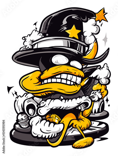 Whimsical Cartoon Duck Character with a Wizard Hat and Playful Attitude