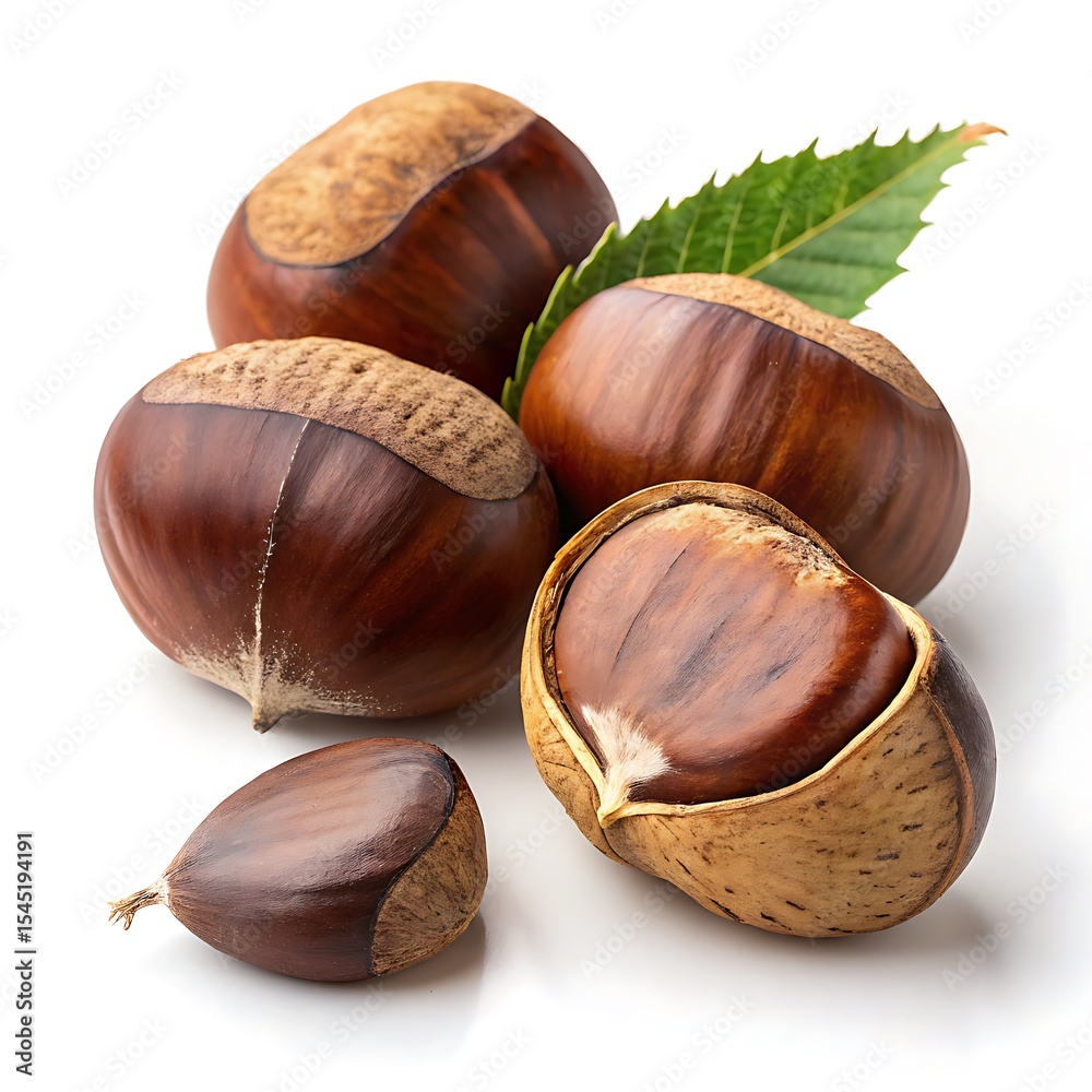 Obraz premium Sweet chestnuts with leaf isolated on white background