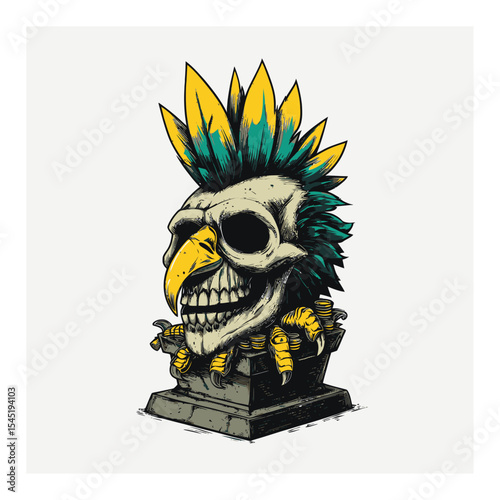Artistic Skull Design with Colorful Feathers and Unique Character Style