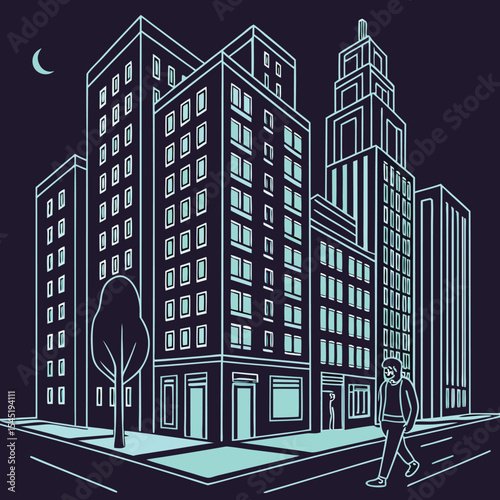 Line art illustration of a city street with buildings, a tree, a moon, and a person walking down the street