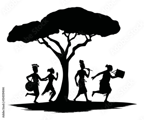 Dynamic Silhouettes of Dancing Figures Under a Tree Arrayed in Motion