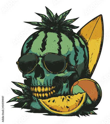 Playful Watermelon Skull Art with Tropical Elements in Vibrant Vector Style