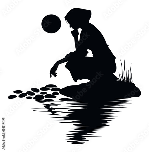 Serene Silhouette of a Woman by the Water's Edge Contemplating Life