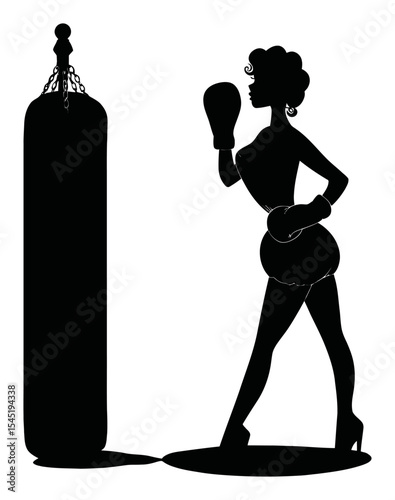 Strong Female Boxer Shadow Training with Punching Bag Silhouette