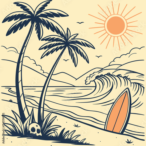 Tropical beach scene illustration with palm trees, ocean wave, and surfboard