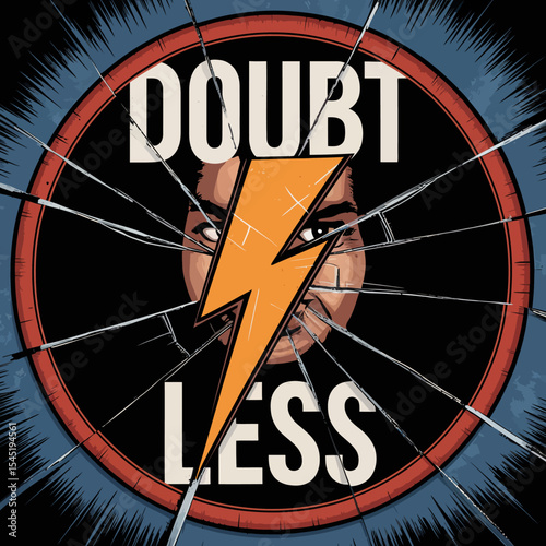 Doubt Less Powerful Bold Motivational Graphic Design Art Illustration Shattered Glass Effect Strong Man Face Lightning Bolt Image Design Digital Artwork Modern Artwork Creative Visual Premium Quality 