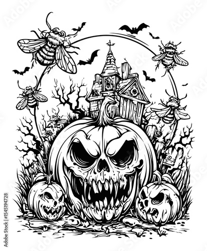 Dark and Creepy Hand-Drawn Pumpkin With Haunted House and Bats