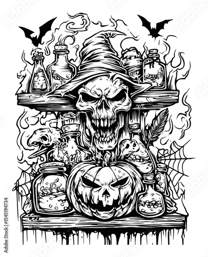 Spooky Halloween Decor with Skull, Pumpkin, Bottles, and Bats Illustration
