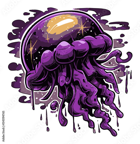Vibrant Purple Jellyfish Floating in Cosmic Space Illustration