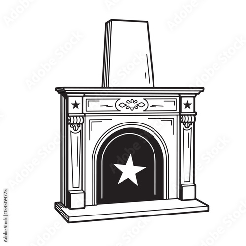 Elegant vintage art silhouette of a fireplace with star detailing in black and white