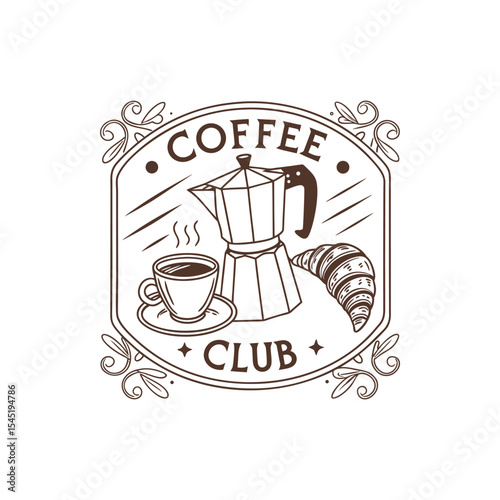 Coffee Club logo design:  Moka pot, coffee cup, croissant illustration