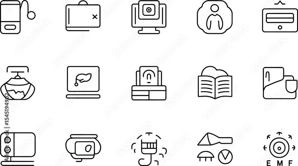 Line icon set collection featuring miscellaneous electronics and everyday objects in black and white