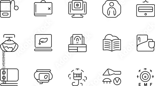 Line icon set collection featuring miscellaneous electronics and everyday objects in black and white