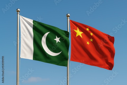 National flags of Pakistan and China waving side by side against a bright blue sky, symbolizing diplomatic and bilateral relations.