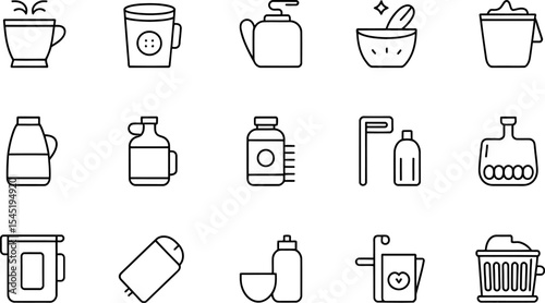 Collection of line art kitchen and bathroomware icons representing household objects