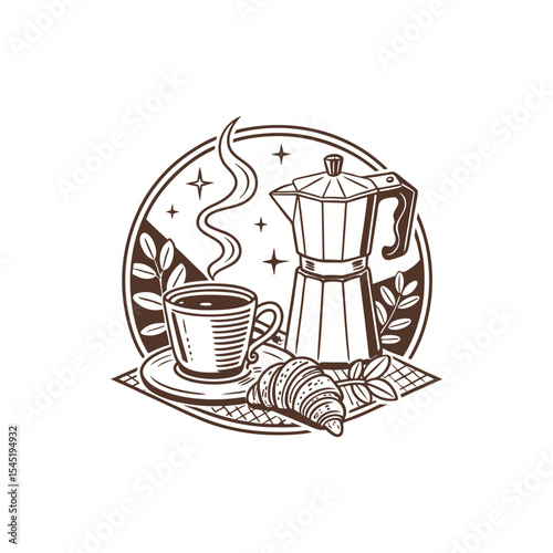 Coffee cup, moka pot, and croissant breakfast illustration