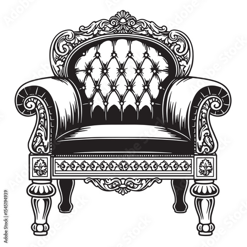 Elegant vintage art silhouette of a luxurious wingback armchair in black and white detailing