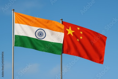 Indian and Chinese national flags flying side by side against a bright blue sky, symbolizing diplomacy, cooperation, or political relations.