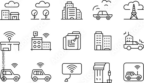 Smart city technology outline icons connected car building and urban infrastructure