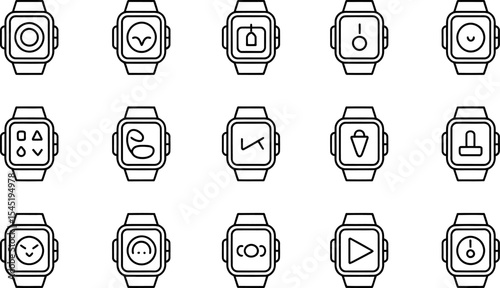 Smartwatch interface icons various application symbols outline style illustration
