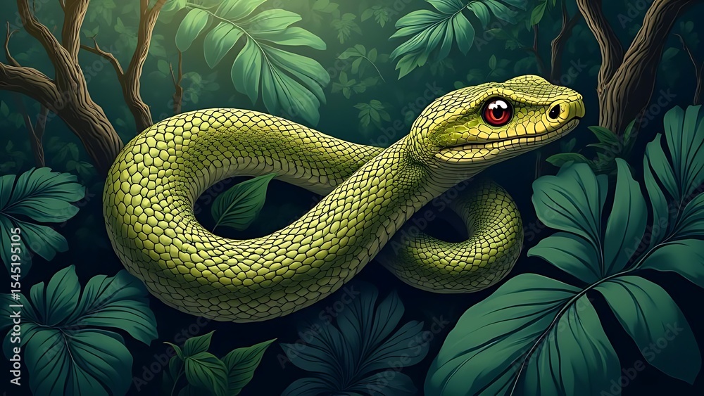 Fototapeta premium Green Tree Viper in Lush Tropical Foliage