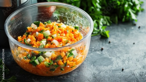 Food processor blending fresh vegetables into a puree