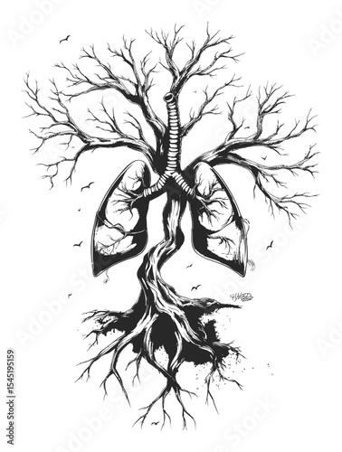Artistic Representation of Lungs Merging with Tree Roots and Branches