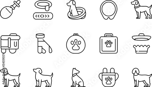 Dog care and pet supplies outline icon set illustration