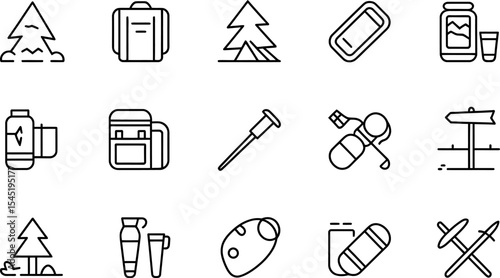 Hiking and camping equipment outline icon set adventure gear