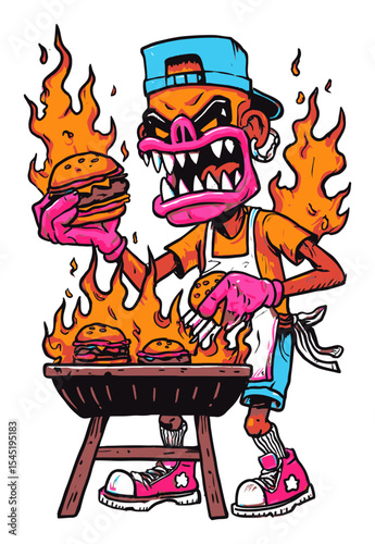 Cartoon Chef Character Grilling Burgers with Flames and Intense Expression