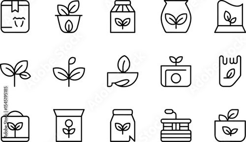 Growing plants icon set outline style seeds and seedlings in containers