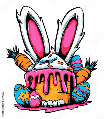 Colorful Cartoon Easter Cake with Bunny Ears and Decorative Eggs