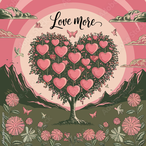 Romantic Heart Shaped Tree Love More Illustration Pink Green Nature Landscape Artwork Design Valentines Day Card Floral Hearts Botanical Vintage Art Peaceful Serene Romantic Beautiful joy calm hope   