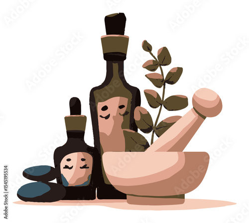 Vintage Style Cartoon Illustration of Bottles and Mortar and Pestle