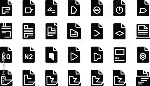 Set of file extension and format icons black silhouette on white background