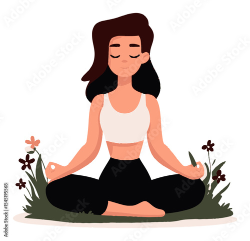 Calm Woman Meditating in Nature Surrounded by Flowers and Plants