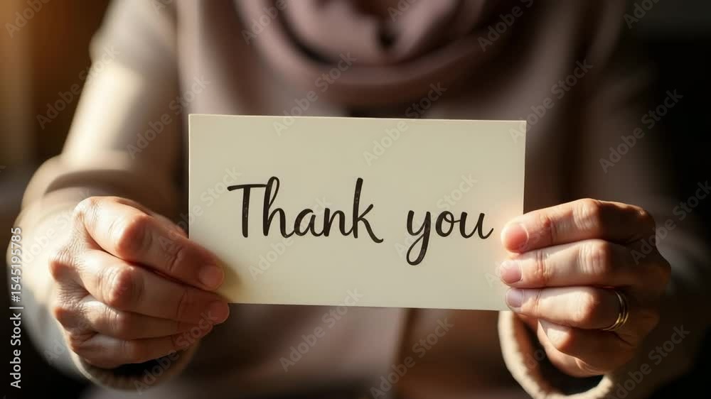 Hands holding thank you card