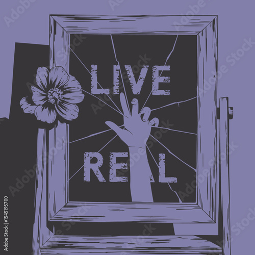 Broken Mirror Hand Reaching Live Real Life Inspirational Art Design Graphic Purple Flower Vintage Frame Grunge Textured Background Illustration Poster Print Artwork Image dark hope past self glass    
